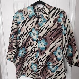 Chico’s Additions Blue Floral Animal mixed Print Women's Top 100% linen size 2